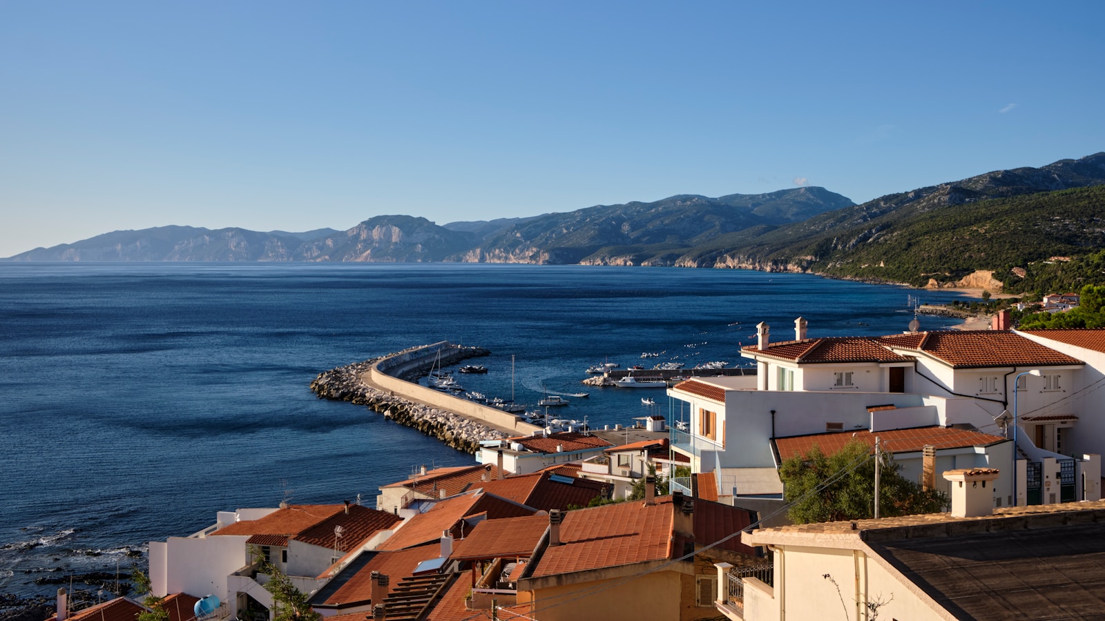 a view of a body of water with houses and mountains in the background