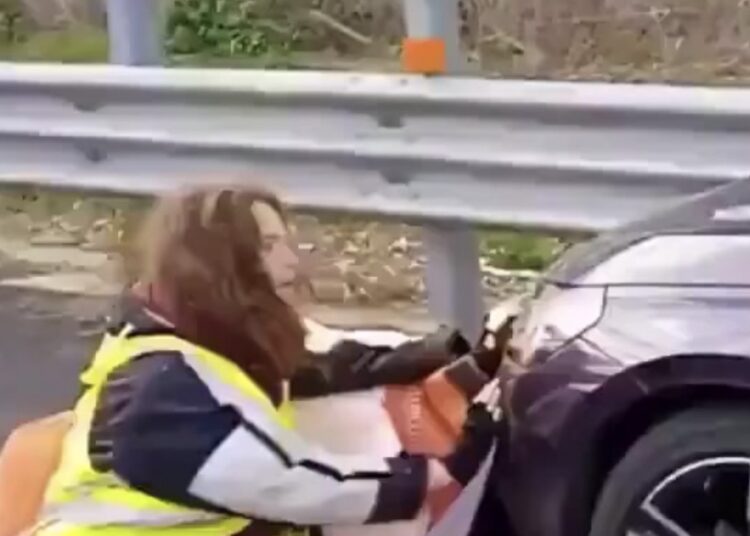 Man haalt klimaatactivisten hardhandig weg om bij zijn zwangere vrouw te komen