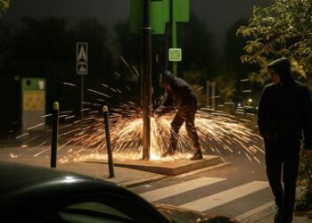 Meneer probeert paal om  te zagen maar dat gaat niet goed
